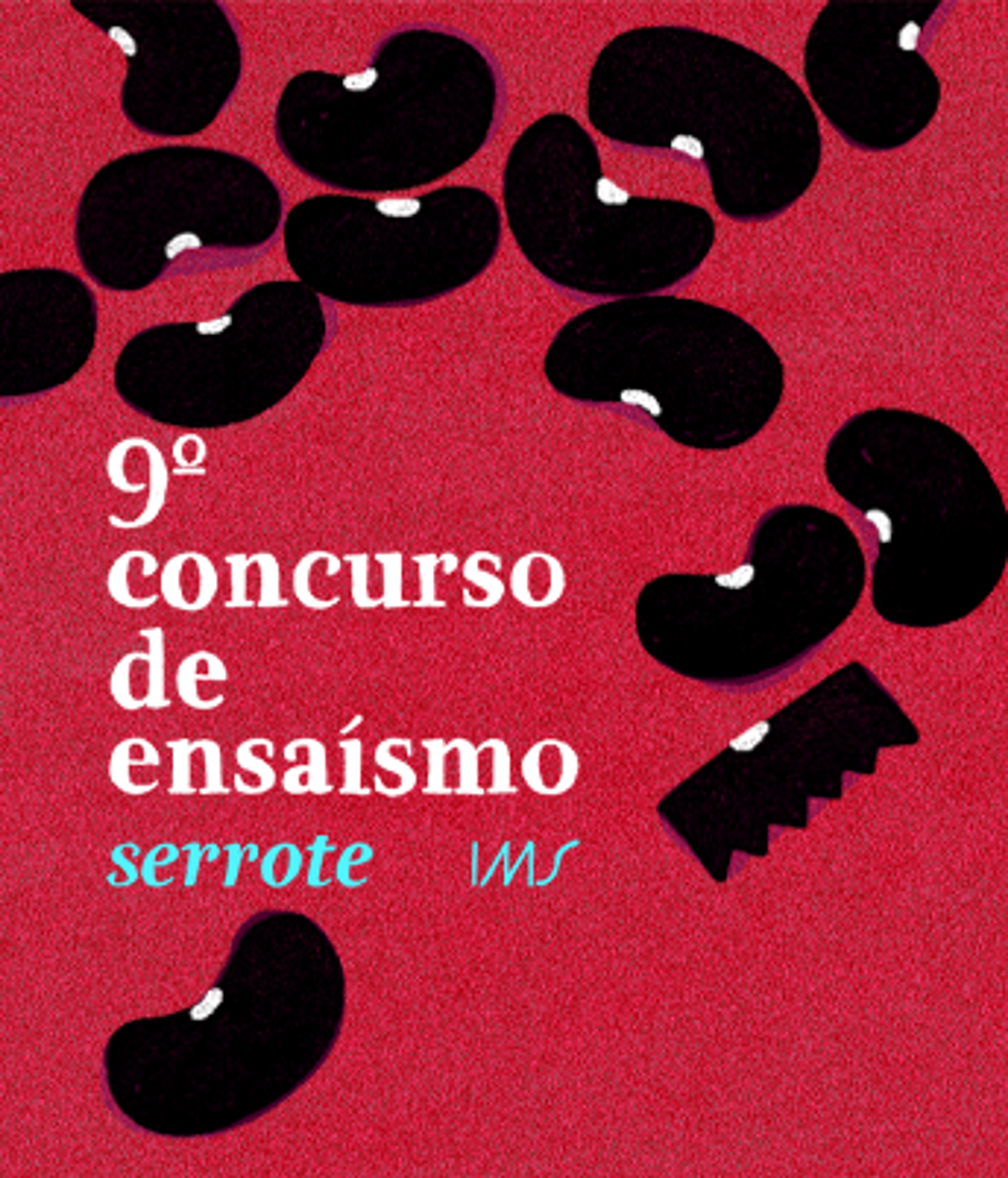 Red background with black beans and a black saw. White text reads '9º concurso de ensaísmo', with 'serrote' in blue and 'IMS'.