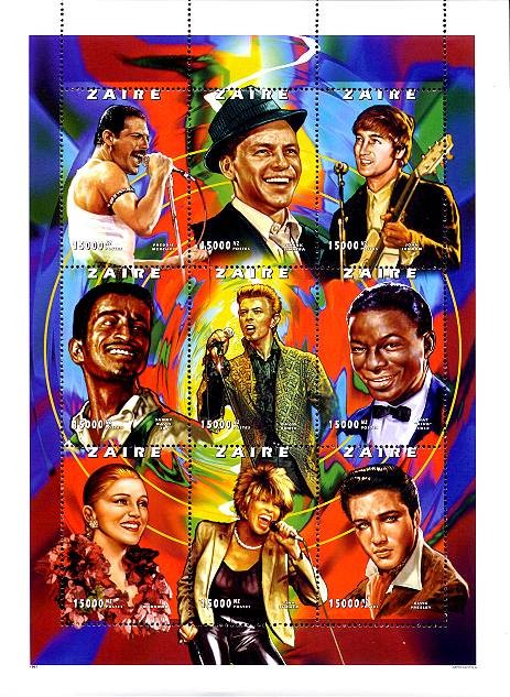 A fake Zairian stamp set depicting Bowie and other well known musicians.