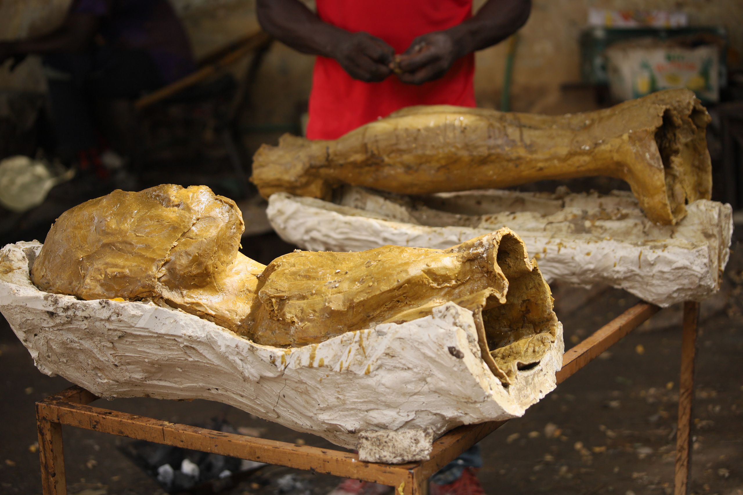 Two yellowish casts resembling body parts sit in white molds on wooden stands, with a person in a red shirt visible in the background.