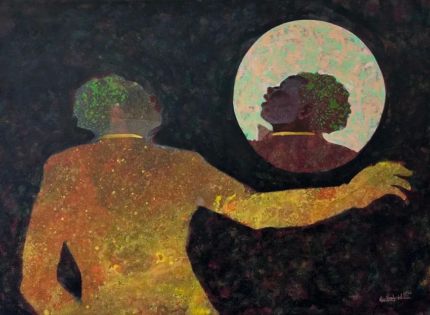 A painting shows a golden, speckled figure from behind with an outstretched arm, looking towards a luminous circle reflecting a dark-skinned person with green-speckled hair, looking upwards.