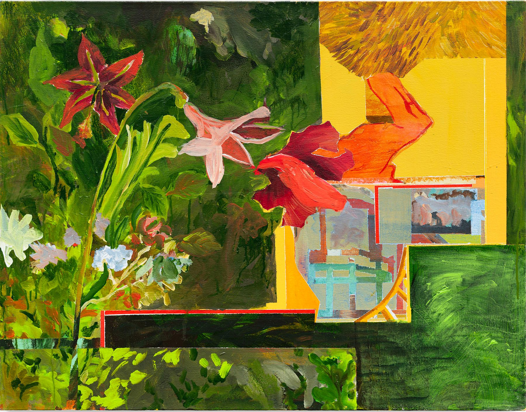 A vibrant painting with a dense floral arrangement in greens and reds on the left, contrasted with abstract yellow, orange, and geometric shapes on the right.