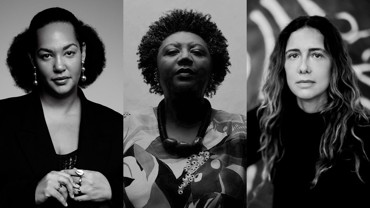 A black and white triptych of three women. From left to right: a woman with voluminous curly hair, a woman with short curly hair wearing a patterned shirt, and a woman with long wavy hair.
