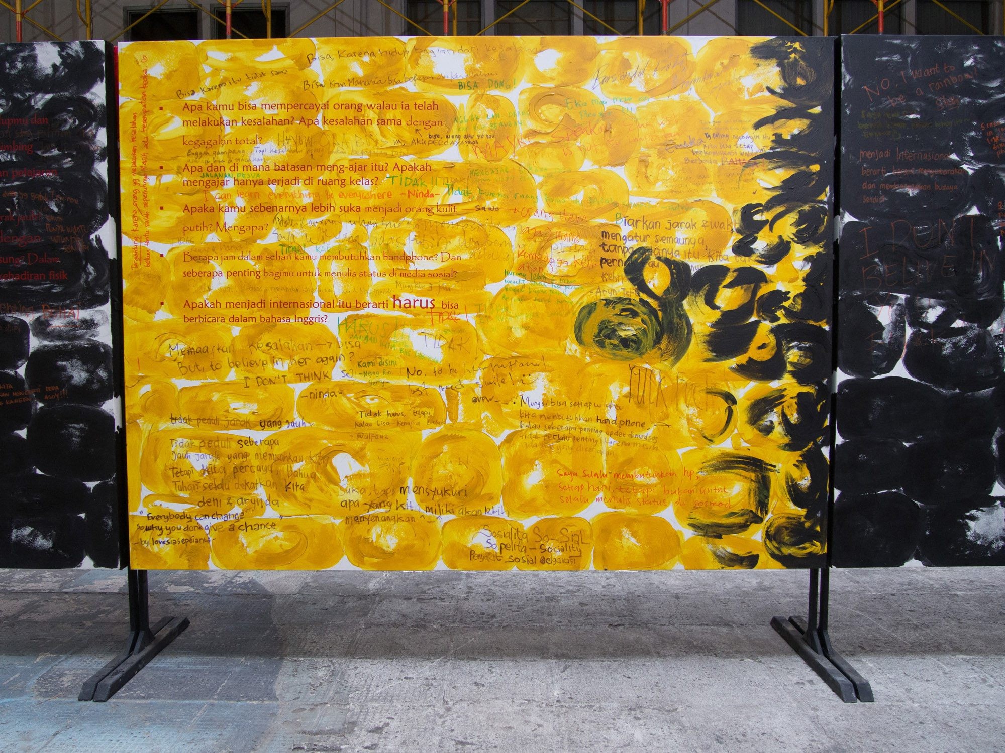 Amarachi Okafor, detail of 'I learnt this!', mixed media painting installation, interactive activity. Photo credit Kelas Pagi Yogyakarta and Biennale Jogja XIII