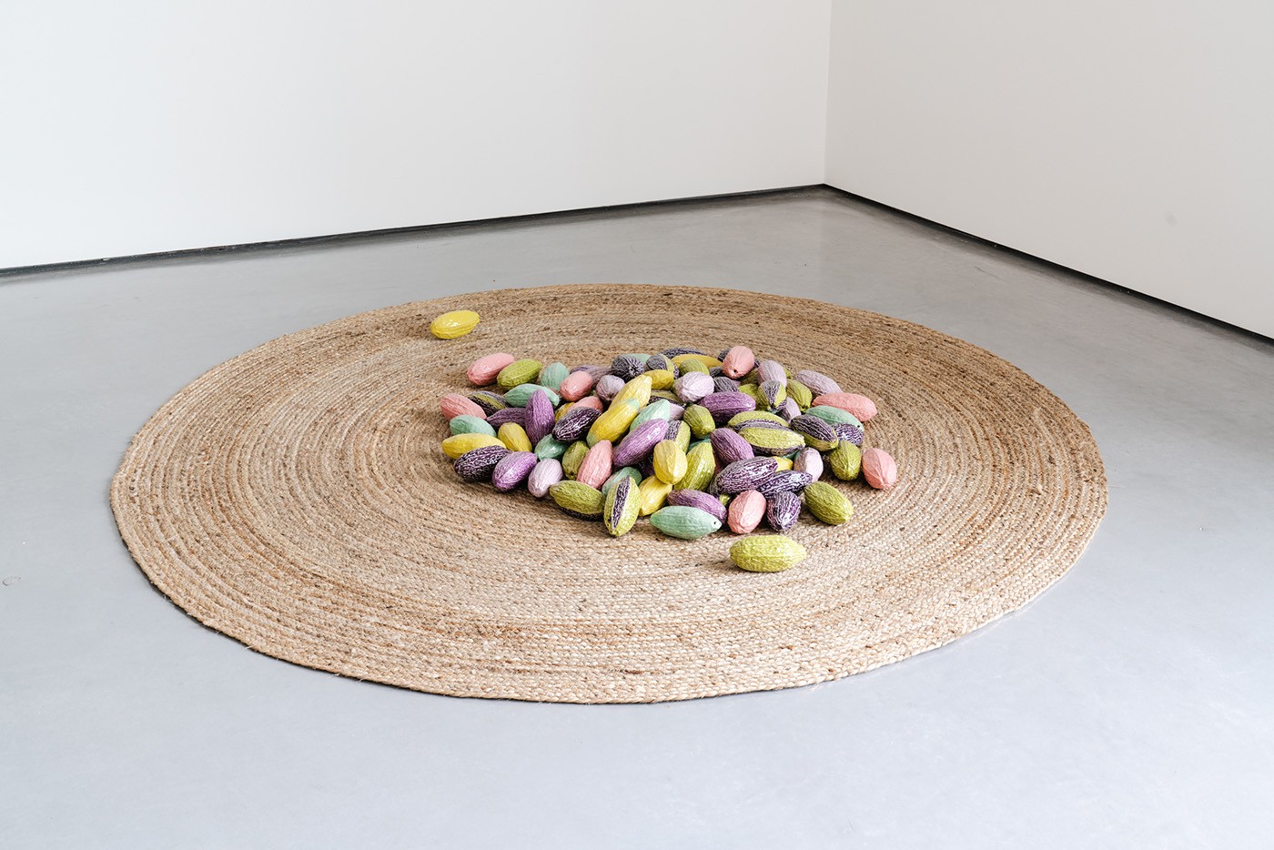 Veronica Ryan, Sweet Dreams are Made of These (2021) Installed in Still Lives at The Hepworth Wakefied, March 2024–March 2025. Glazed ceramic stoneware, jute mat, 5 7/8 × 83 7/8 × 83 7/8 inches (14.9 × 213 × 213 cm). © Veronica Ryan, Presented by the Contemporary Art Society through its Special Partnership with the Henry Moore Foundation, supported by Cathy Wills, 2022/23. Wakefield Council Permanent Art Collection (The Hepworth Wakefield), Photo: George Baggaley
