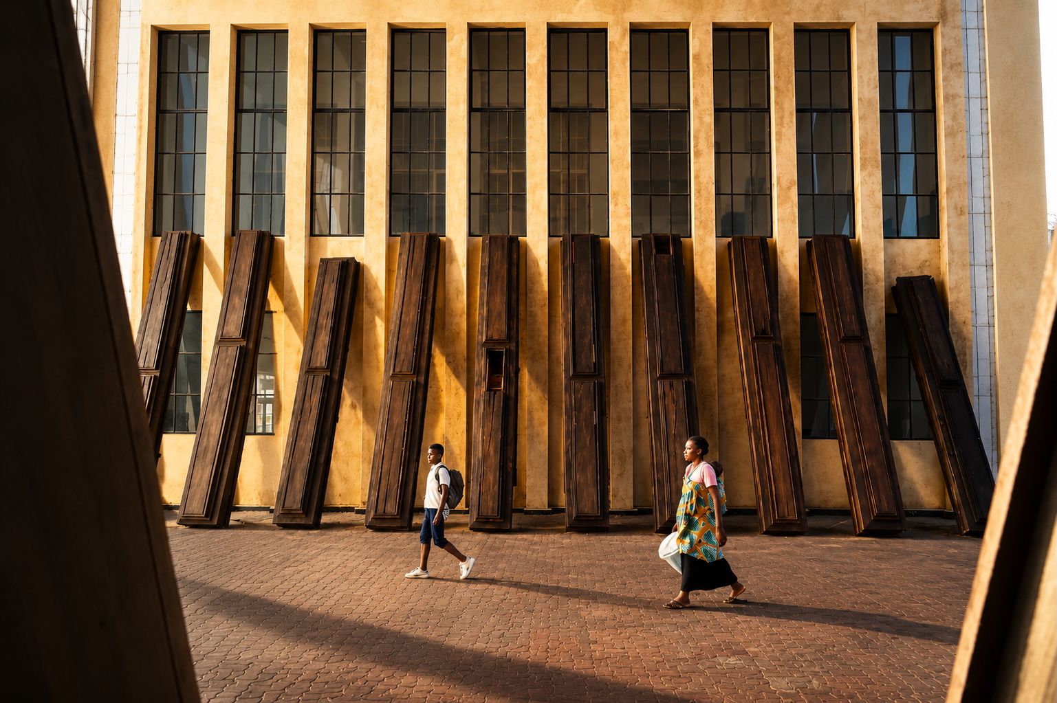 Two people walk across a sunny plaza in front of a building with tall windows and large, angled wooden beams.