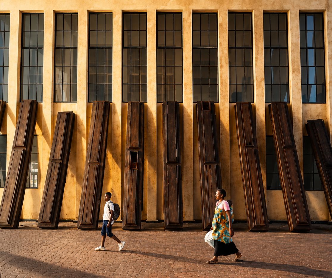 Two people walk across a sunny plaza in front of a building with tall windows and large, angled wooden beams.