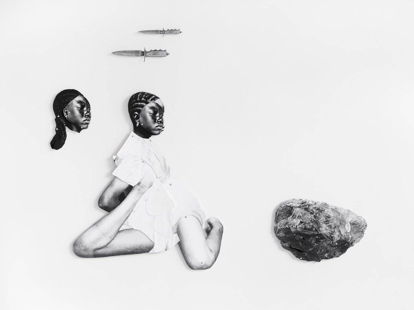 Frida Orupabo, Untitled, 2019, collages with paper pins, mounted on aluminum, 5 x 21 cm, 7.5 x 27.5 cm, 30 x 19 cm, 85 x 72 cm, 29 x 43 cm. Installation view “A House Is A House” at Galerie Nordenhake Berlin. © Frida Orupabo.