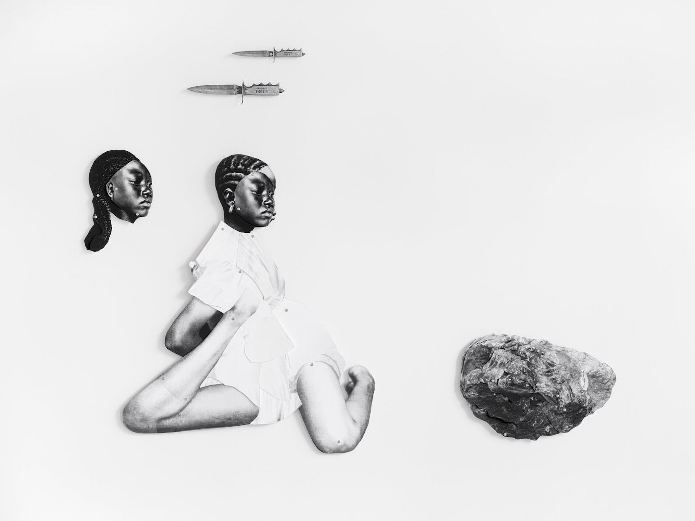 Frida Orupabo, Untitled, 2019, collages with paper pins, mounted on aluminum, 5 x 21 cm, 7.5 x 27.5 cm, 30 x 19 cm, 85 x 72 cm, 29 x 43 cm. Installation view “A House Is A House” at Galerie Nordenhake Berlin. © Frida Orupabo.