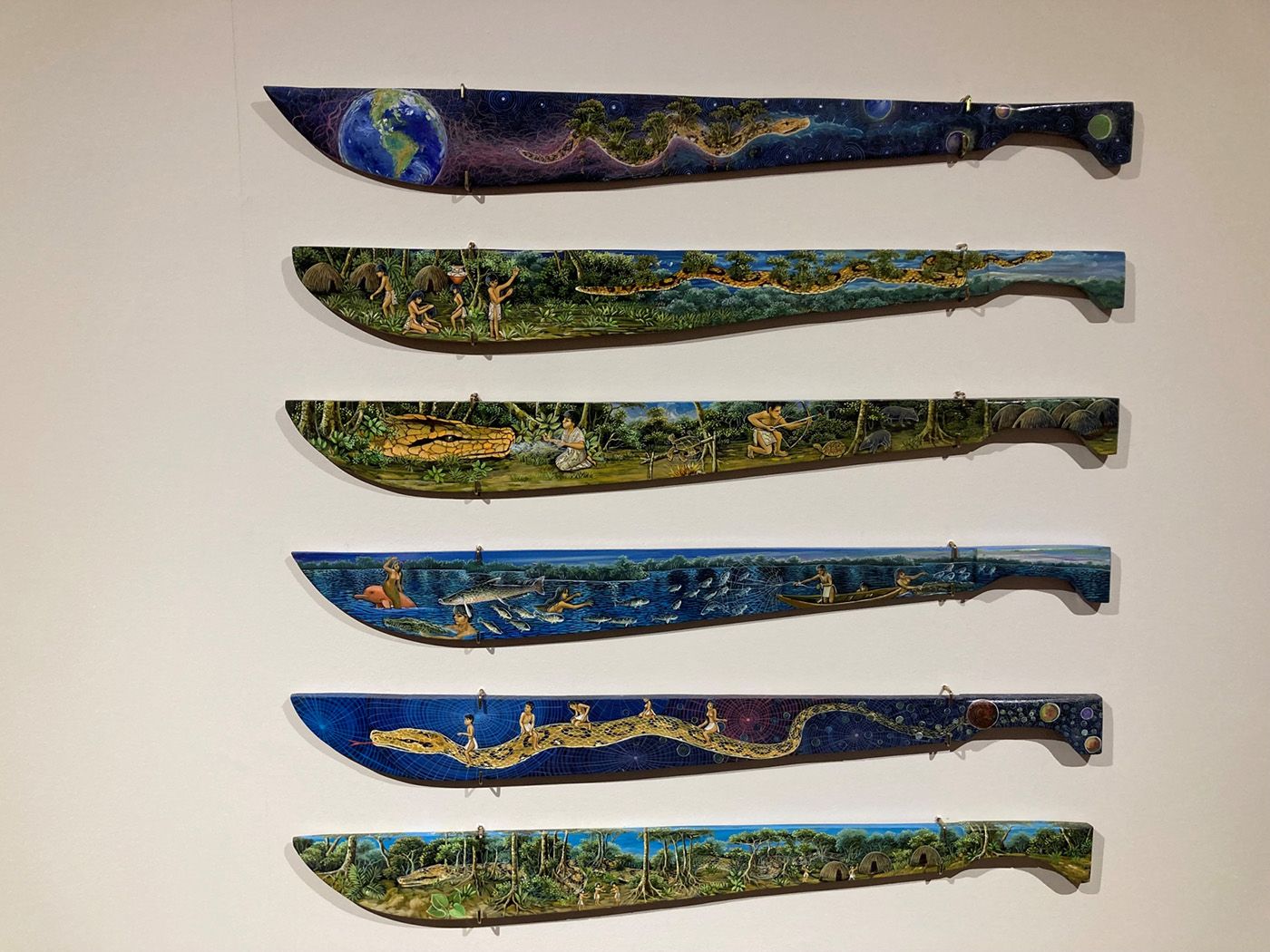 Graciela Arias, Las Enseñanzas de Ronín, 2022. Acrylic on wooden machetes. Peru. Photo: Danilo José Rocha.
