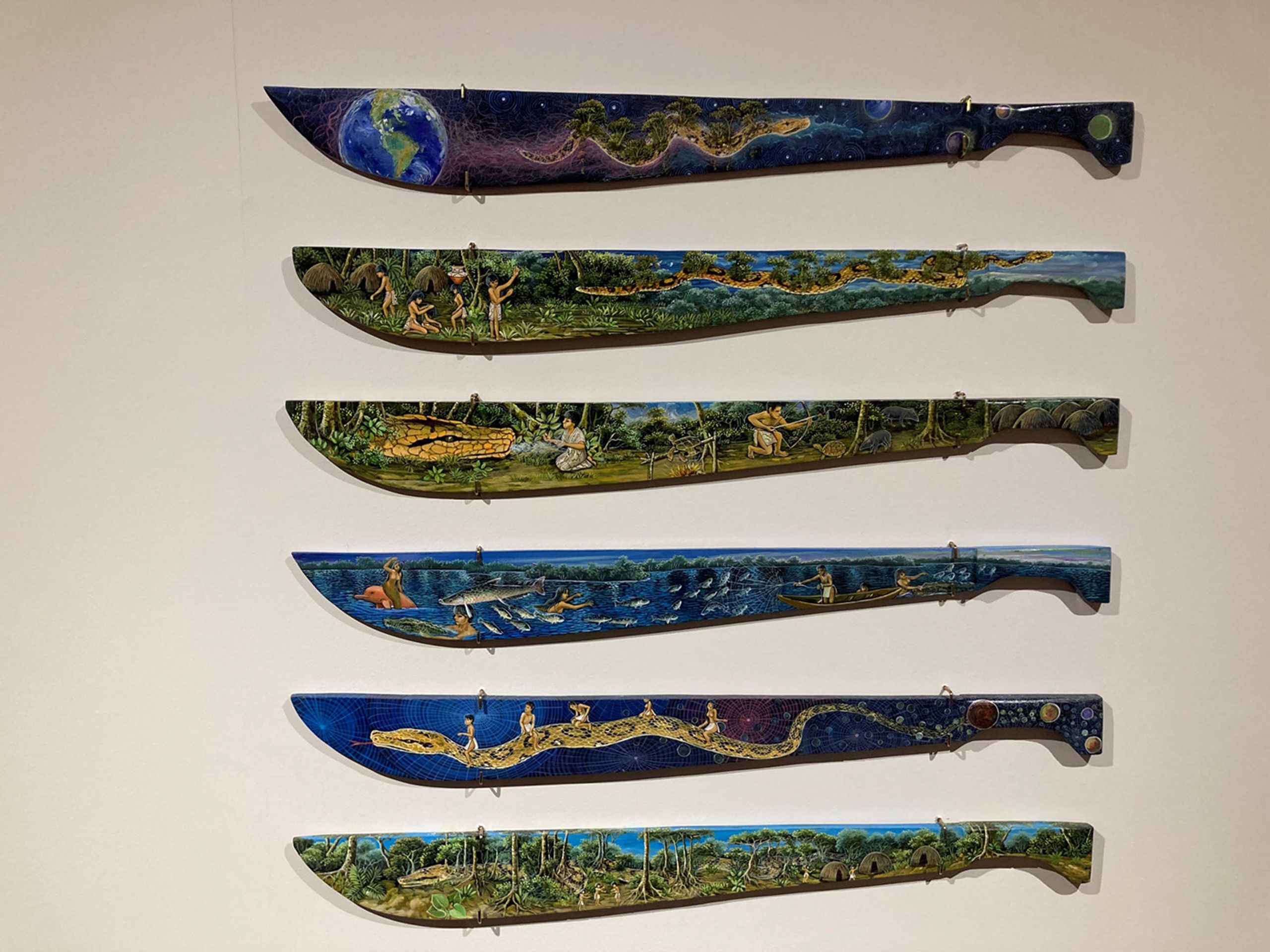 Graciela Arias, Las Enseñanzas de Ronín, 2022. Acrylic on wooden machetes. Peru. Photo: Danilo José Rocha.