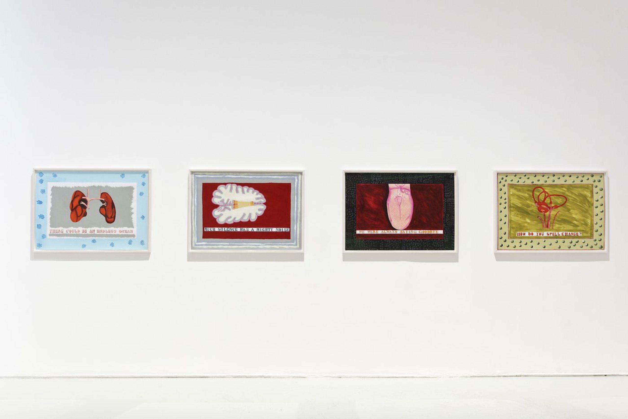Lubaina Himid, There Could Be an Endless Ocean, 2018, acrylic on paper; We Were Always Saying Goodbye, 2018, acrylic on paper; How Do You Spell Change?, 2018, acrylic on paper. Courtesy Hollybush Garden Gallery, London. View of the exhibition Globalisto. A Philosophy in Flux at the Musée d’art moderne et contemporain de Saint-Étienne Métropole, from June 25th to October 16th, 2022. Crédit photo : C. Cauvet / MAMC+