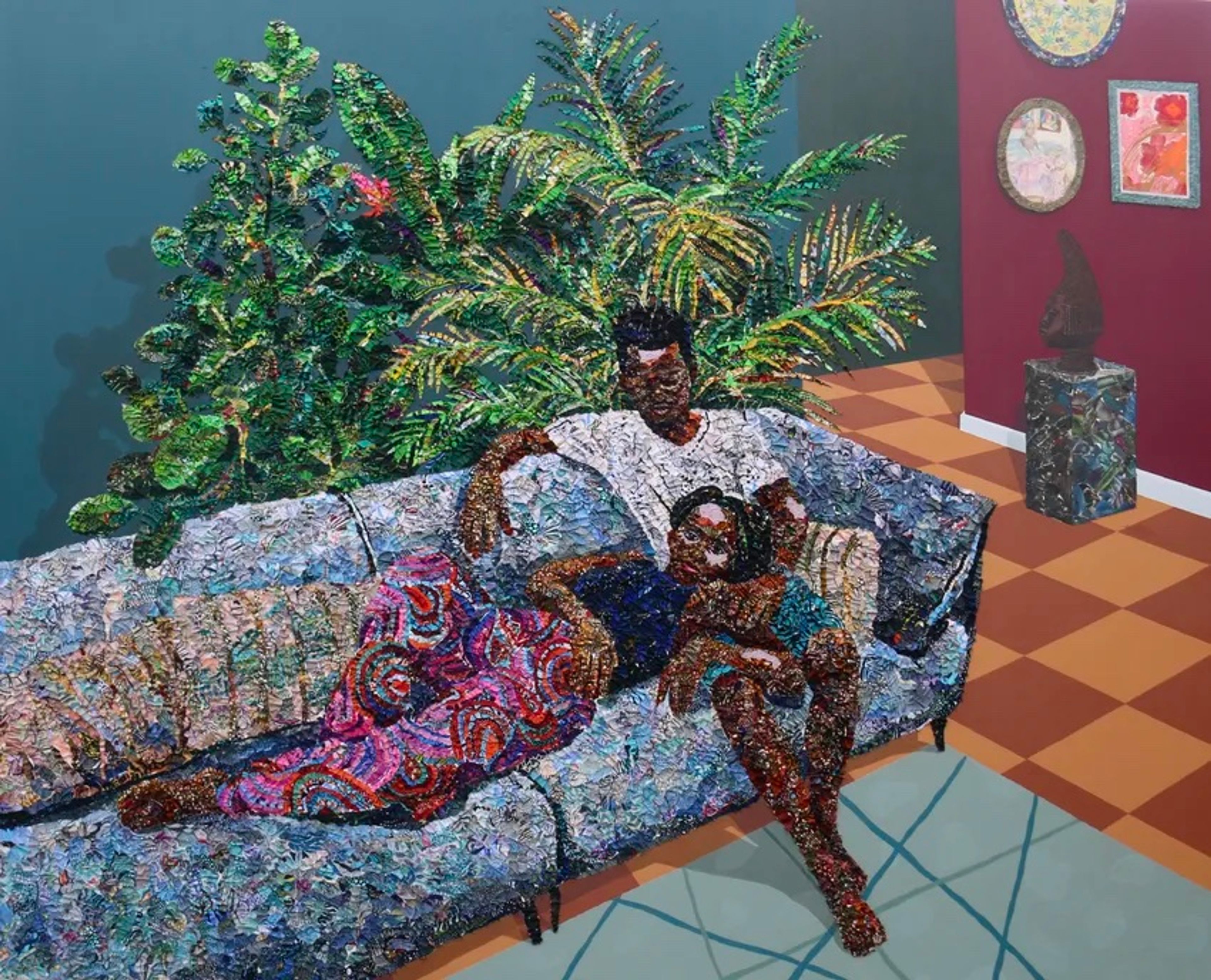 Vibrant, textured painting of three people relaxing on a couch surrounded by plants and wall art.