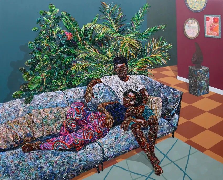 Vibrant, textured painting of three people relaxing on a couch surrounded by plants and wall art.