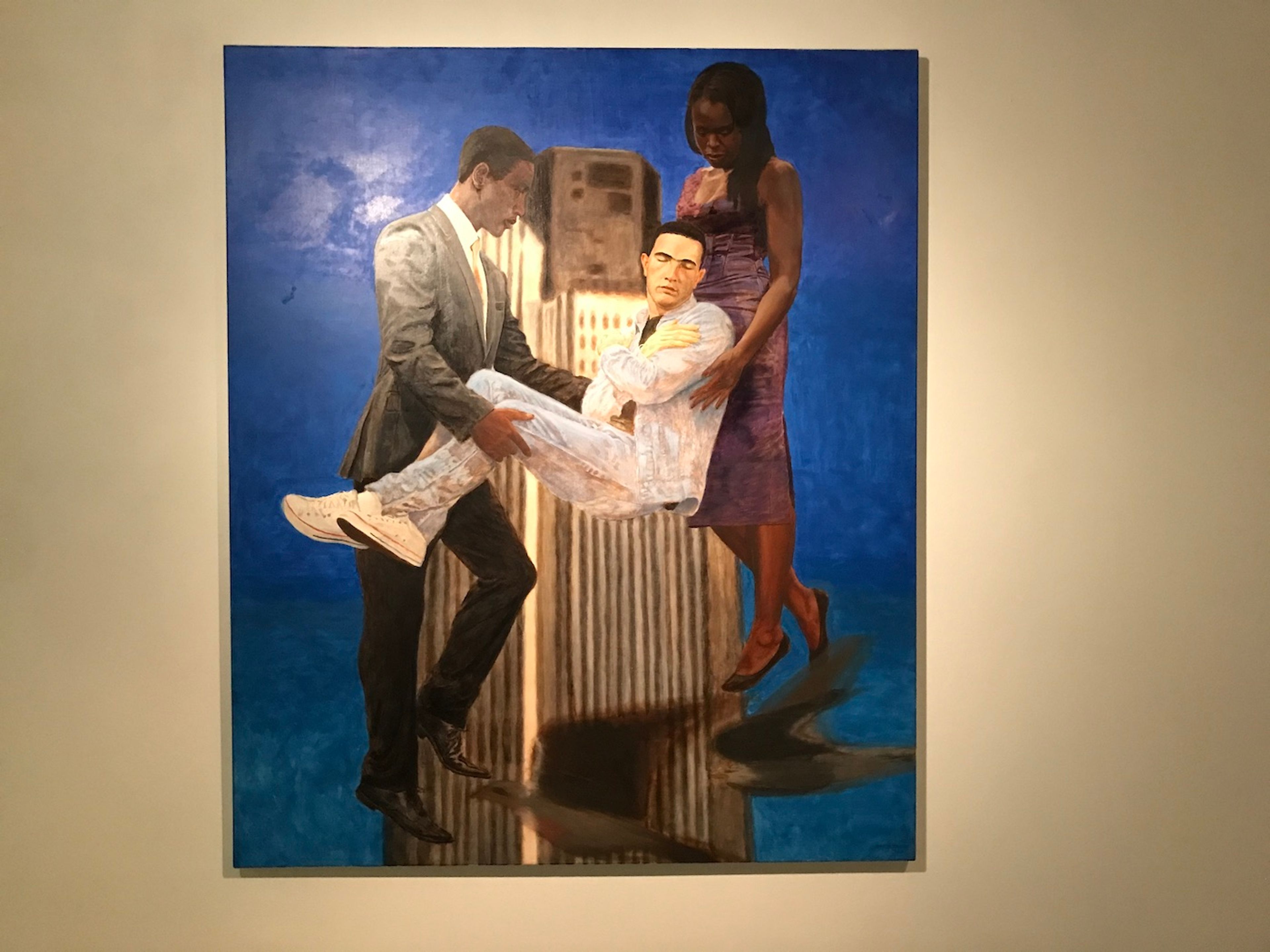 Kimathi Donkor, Jean Charles de Menezes borne aloft by Joy Gardner and Stephen Lawrence, 2010. Installation view at Sharjah Biennial 15. Photo: C&amp;.