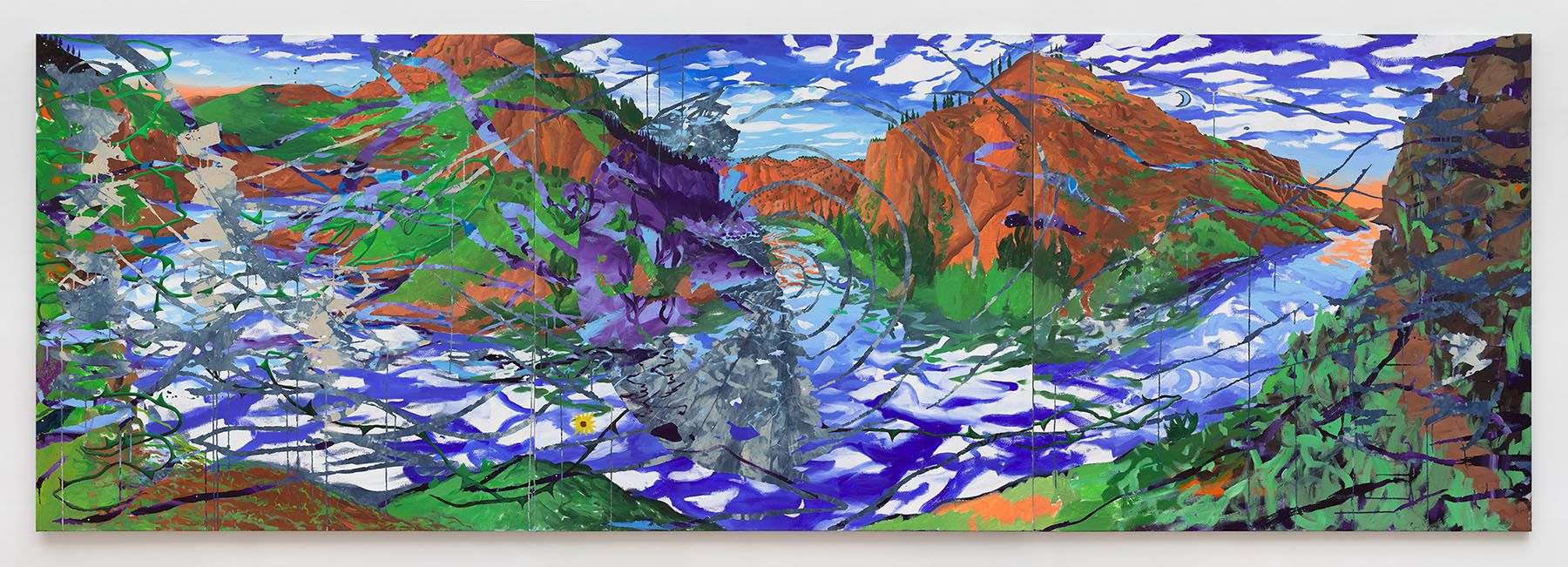 An abstract, panoramic painting of a mountain and river landscape with dynamic blue, green, orange, and purple brushstrokes.