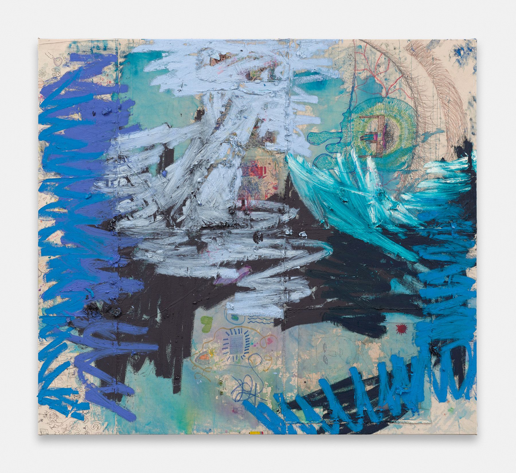 An abstract painting with energetic blue, white, black, and turquoise brushstrokes layered over a light, patterned background.