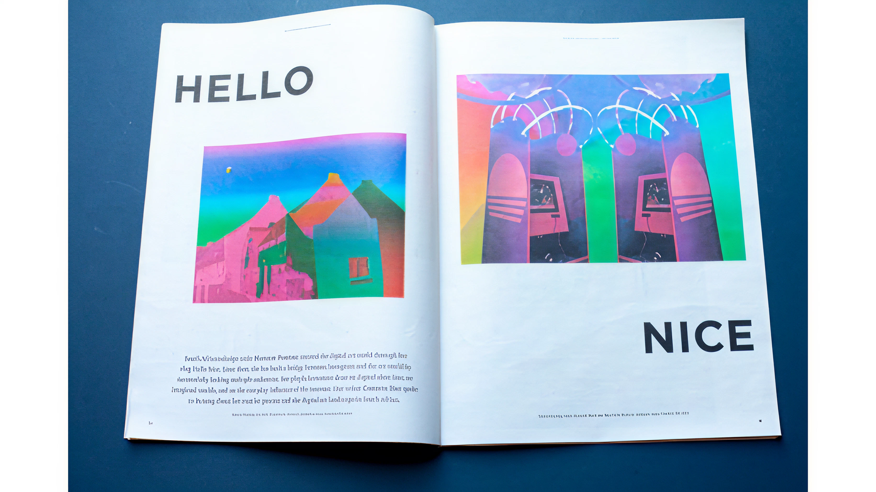 Open magazine spread. Left page: 'HELLO' above a colorful image of houses. Right page: Symmetrical image of retro computers above 'NICE'.
