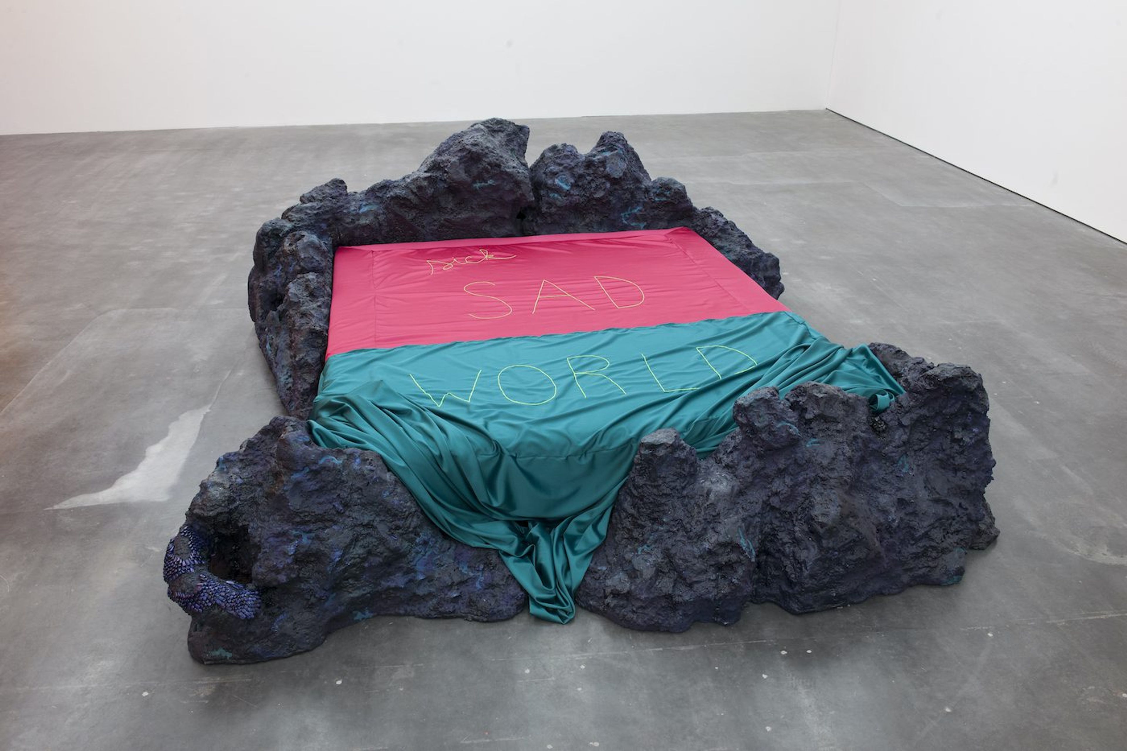 Tarek Lakhrissi, Sick Sad World, 2020. Installation in collaboration with Theo Demans and performance with wood, styrofoam, fabric, metal, polyether foam, polyurethan, pigments, acrylic plaster. Wiels, Brussels, BE. Photography: Philippe De Gober. Courtesy of the artist and VITRINE London/Basel.
