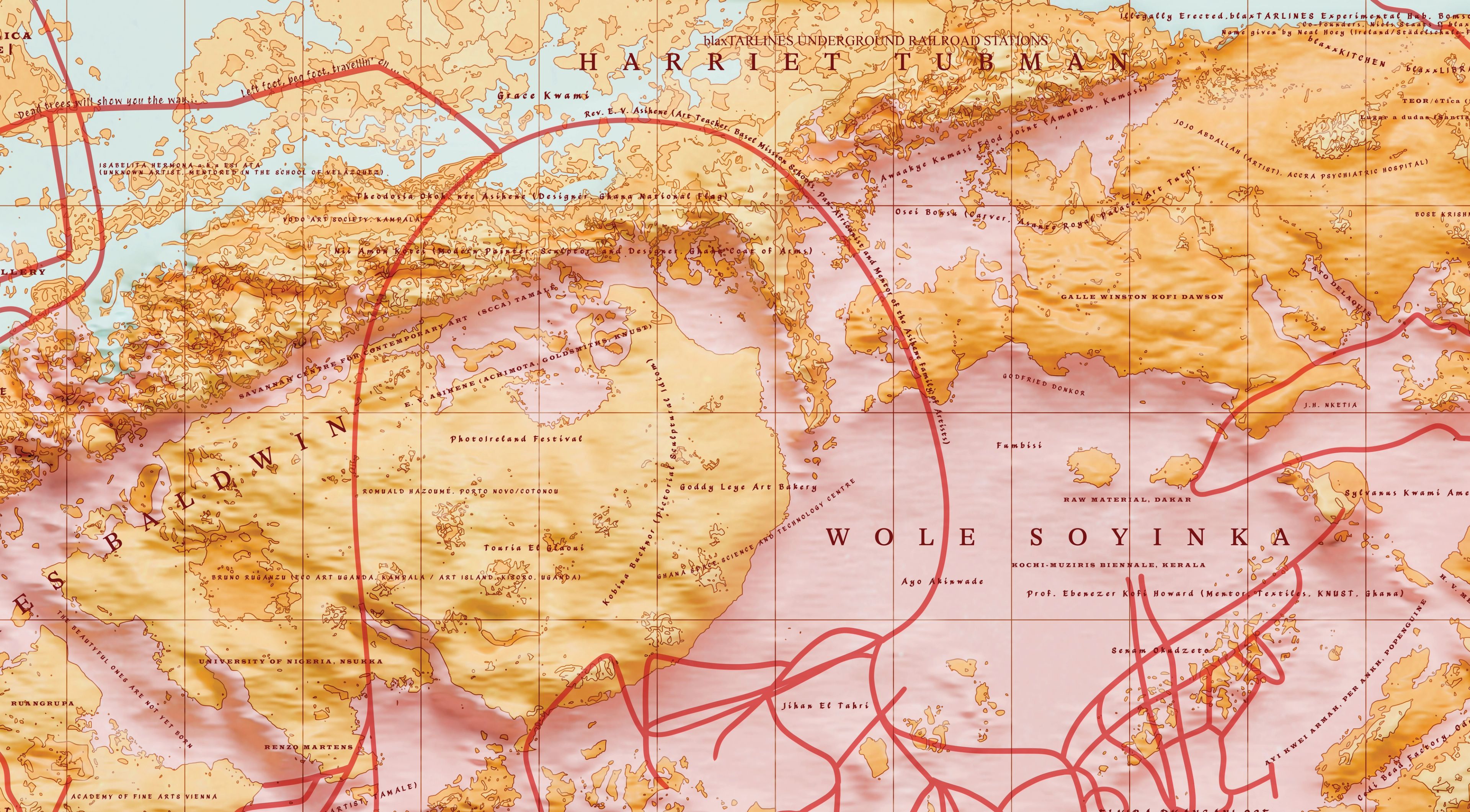 Stylized map of orange landmasses and pink seas, crisscrossed by red routes, featuring regions named Harriet Tubman and Wole Soyinka.