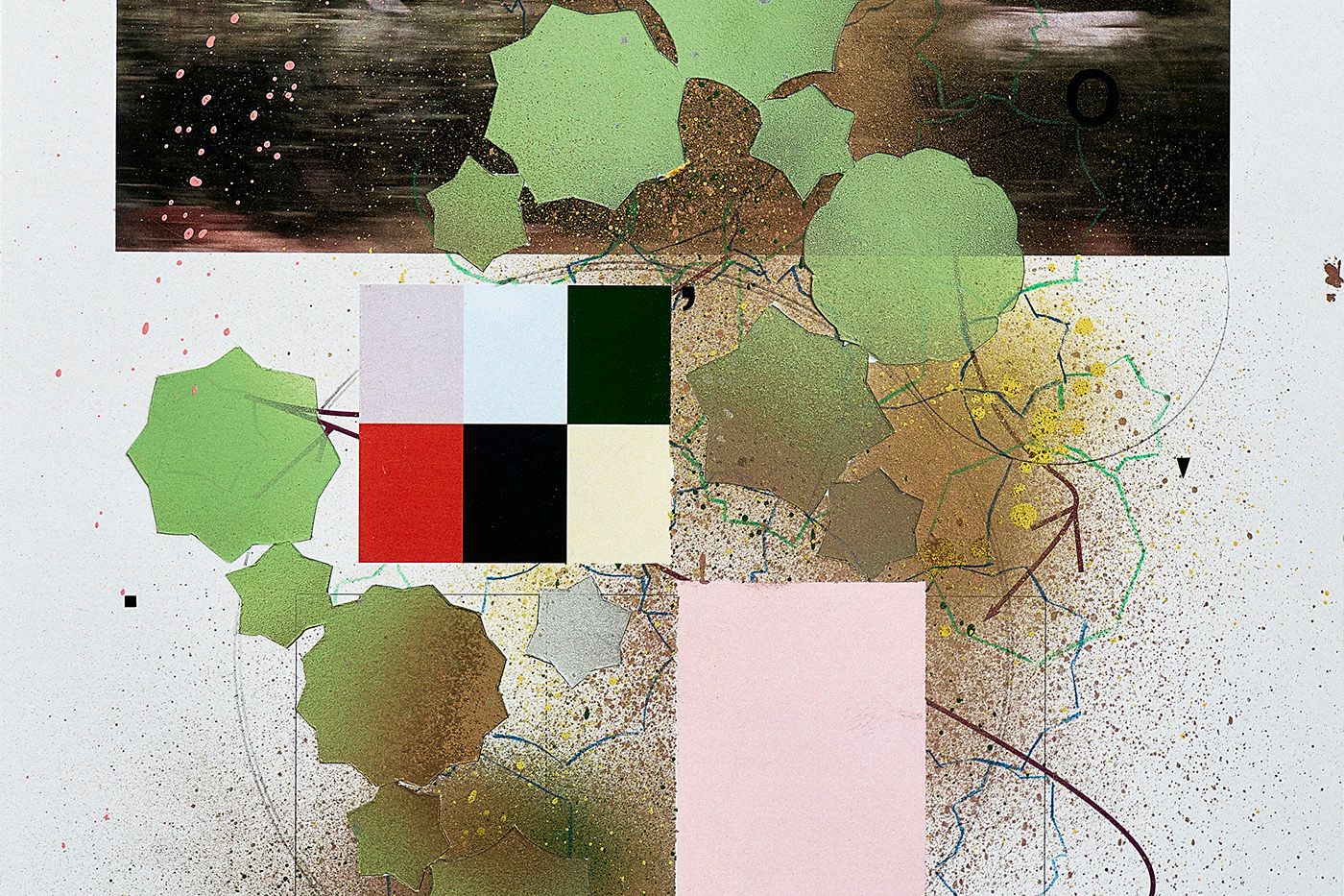 Detail of Adler Guerrier, “Untitled (Field Guide–exposure to enchanted forms)”, 2022-2023. Graphite, colored pencil, cut vinyl, enamel paint, and collage on a Xerox Versant 80 print on Mohawk Superfine paper. 18.5 x 12 inches. Courtesy: the artist.