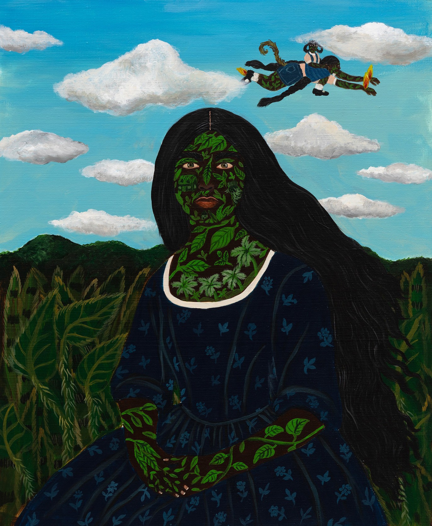 A painting of a dark-haired woman whose skin is covered in green leaves and vines, wearing a dark blue dress, against a lush green landscape. In the sky, a dark figure with a tail and fiery feet flies while carrying a smaller figure.