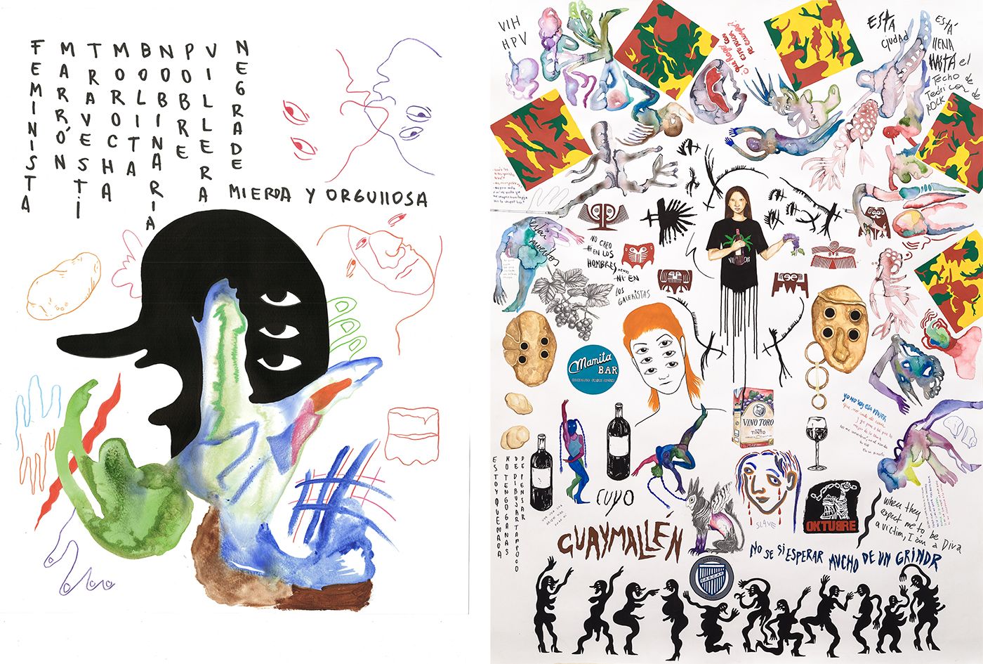 La Chola Poblete: Sin título, 2023Aquarell, Acryl, Tinte und Farben auf Papier / Watercolor, acrylic, ink, and Colors on paper, 65 x 50 cm© La Chola Poblete