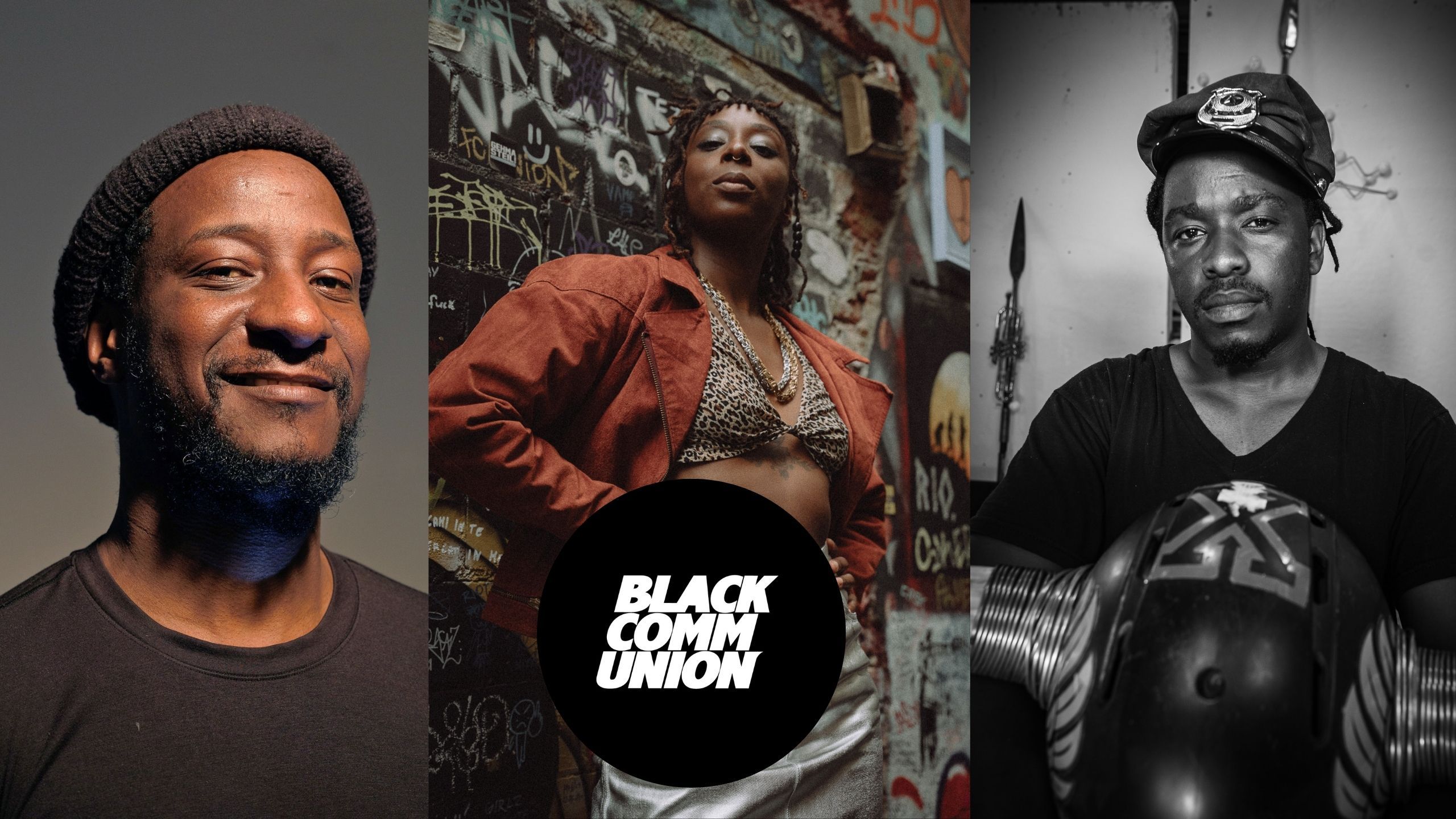 A triptych of three individuals: a smiling man in a knit cap, a woman in a bra top and jacket against a graffiti wall, and a serious man in a cap, with "BLACK COMMUNION" text overlaid.