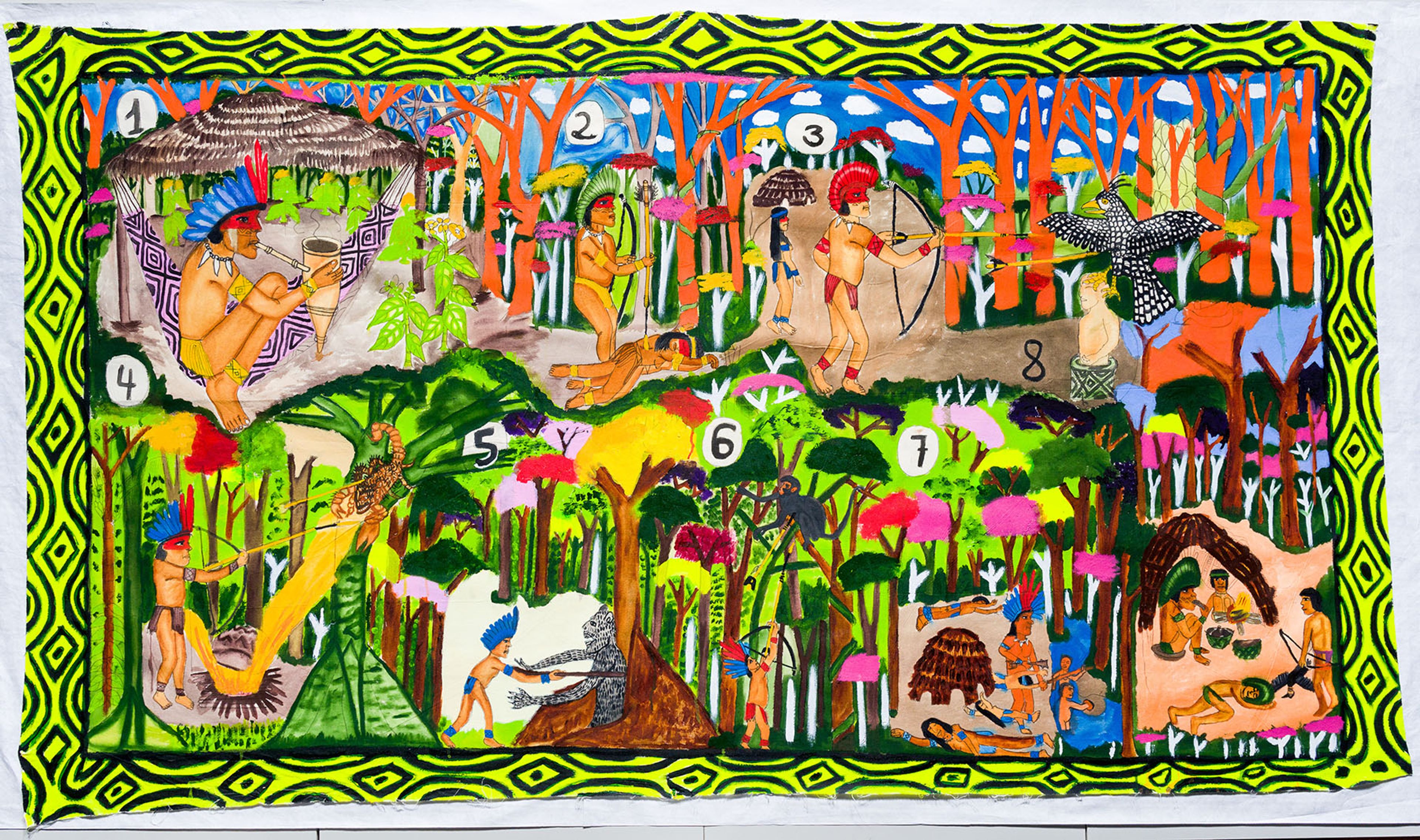 A vibrant, detailed folk art painting depicting multiple scenes of Indigenous life in a lush jungle, framed by a patterned border.
