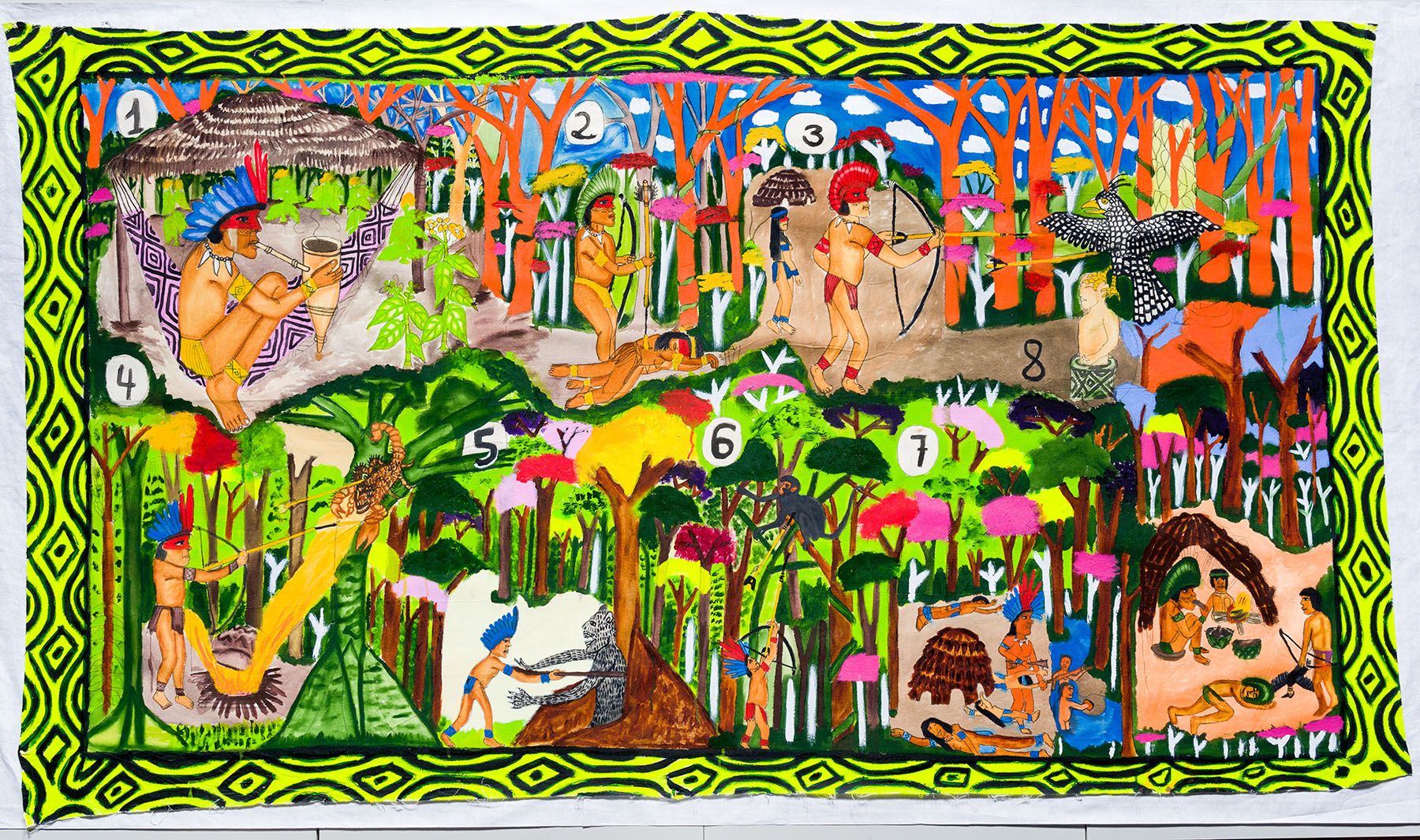 A vibrant, detailed folk art painting depicting multiple scenes of Indigenous life in a lush jungle, framed by a patterned border.