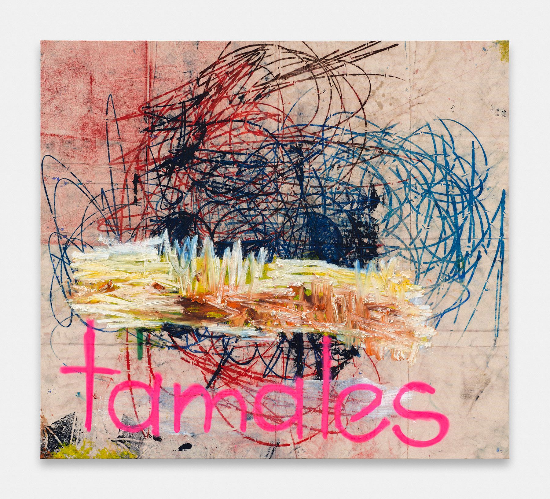 An abstract painting with energetic red, blue, and black scribbles, a central horizontal band of thick yellow and orange impasto paint, and the word "Tamales" in bright pink text below.
