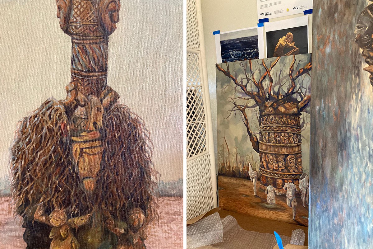 Studio of Julianny Ariza Vólquez in Santo Domingo, DR. Detail “Baobab (2023),” from the series “No-Objects”, Oil on canvas. 32“ x 25”, 2021-2023. Photos: Marny Garcia Mommertz.