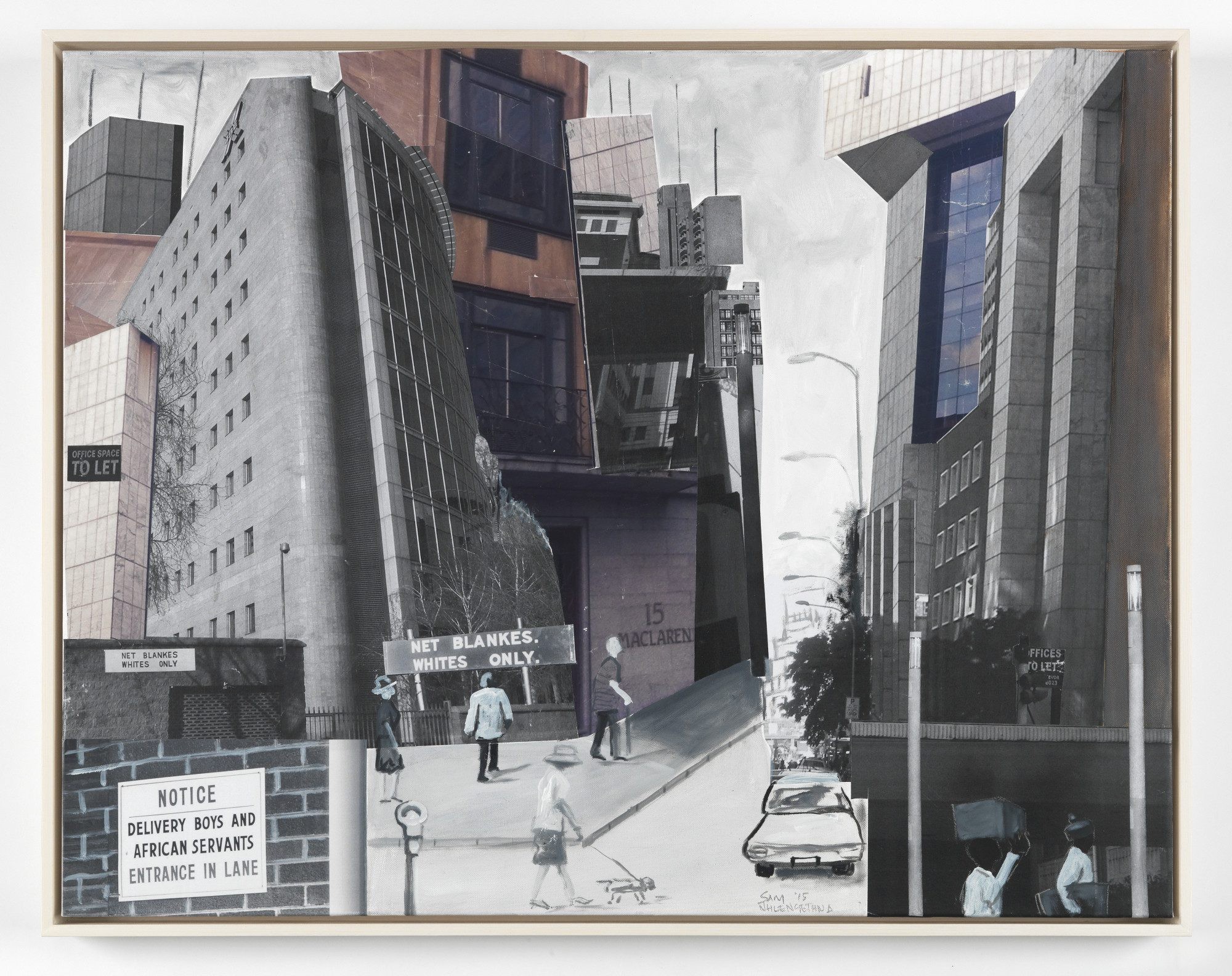 Sam Nhlengethwa, Net Blankes, 2015, Mixed Media, 70 × 90 cm, Weltkulturen Museum, Photo: Wolfgang Günzel