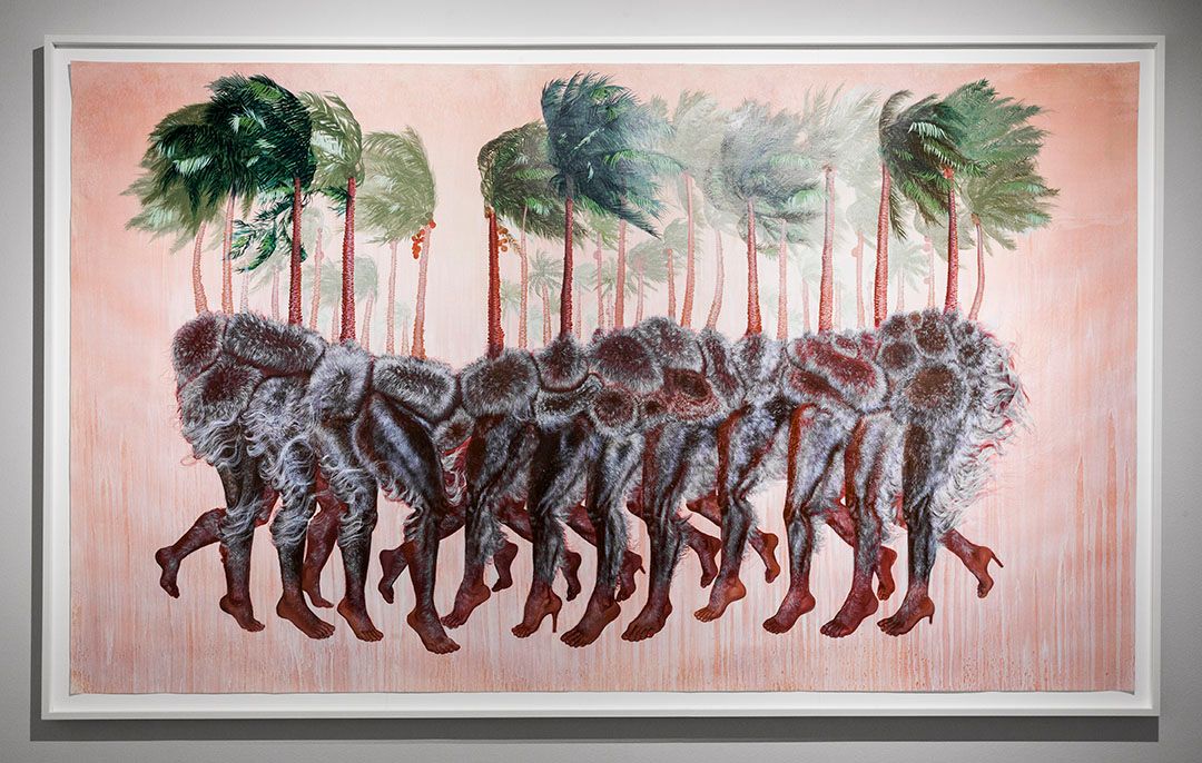 Firelei Báez, “How to slip out of your body quietly”, 2018. Acrylic and oil on paper. Collection of Alyssa and Gregory Shannon, Houston, Texas.