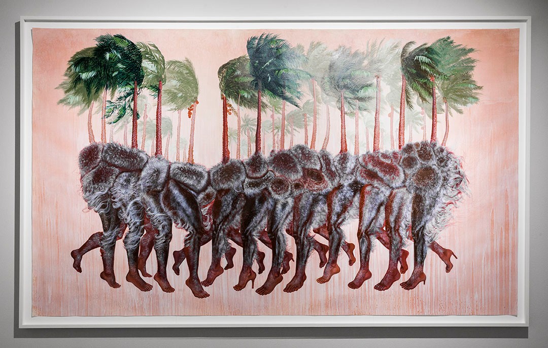 Firelei Báez, “How to slip out of your body quietly”, 2018. Acrylic and oil on paper. Collection of Alyssa and Gregory Shannon, Houston, Texas.