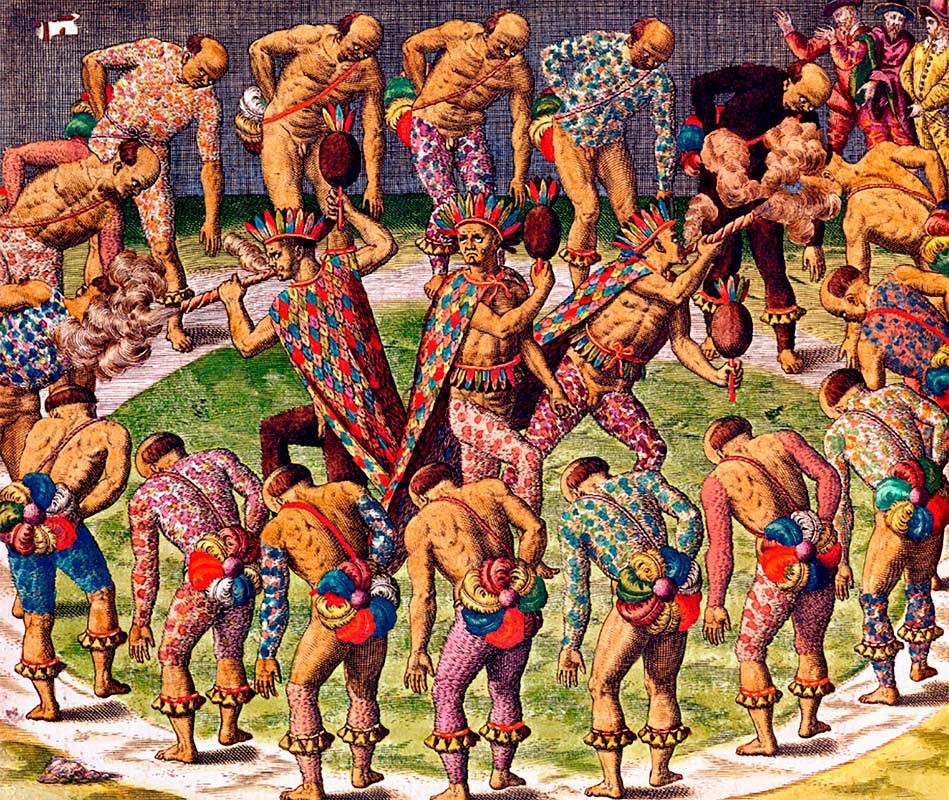 Engraving by Theodor de Bry, 16th century. Reproduction: “The First Peoples of Brazil” Exhibition, National Museum (UFRJ). Source: https://os Primeirosbrasileiros.mn.ufrj.br/pt/mundo-indigena/o-manto-tupinamba/i/cG9zdDo4ODQ=