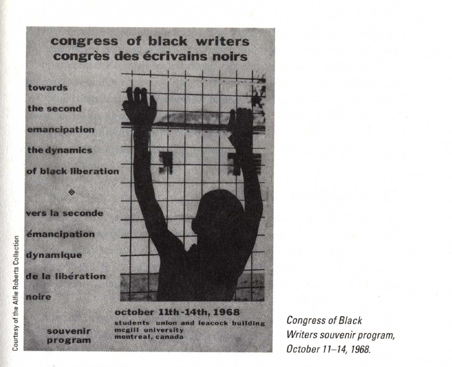 Black and white program cover for the 1968 Congress of Black Writers in Montreal, featuring a silhouette of a person with raised arms against a grid, with text detailing the event and its theme of 'the dynamics of black liberation'.