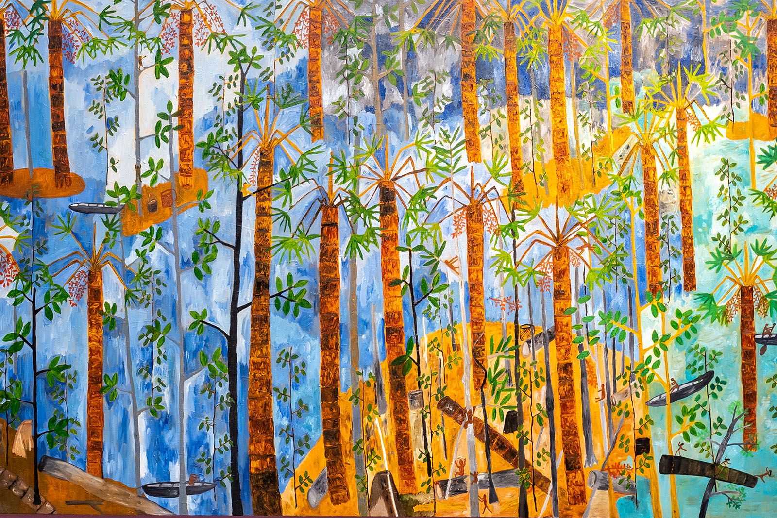 Aimema Úai (La Chorrera, Amazonas, Colombia, b. 1996), K+neji (La creciente del canangucho), 2025. Oil on linen, 250.5 x 150cm. Photo: Ana Dias