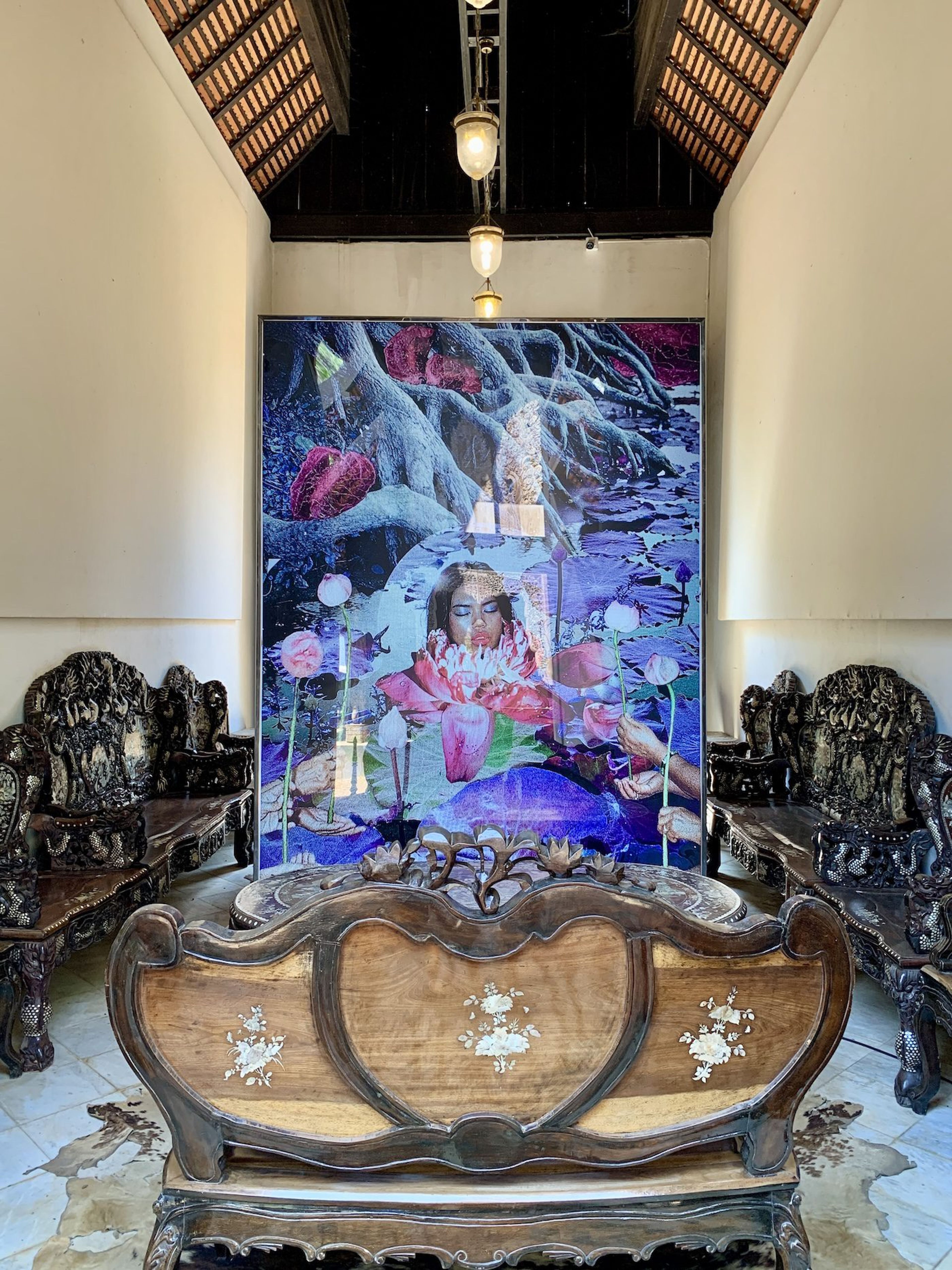 Kamonlak Sukchai, Red Lotus, 2019. This artwork is based on the folktale of Nang Boa Dang (Red Lotus), a young lady who was floating along the river and was forced by the governor to stay with a hermit in the forest. This demonstrates the social structures that keep women from having the freedom to make decisions. Photo: C&amp;