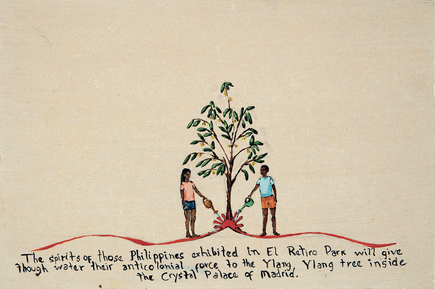 Folk art painting of two children watering a flowering tree with prominent red roots, above a handwritten caption about anticolonial resistance.