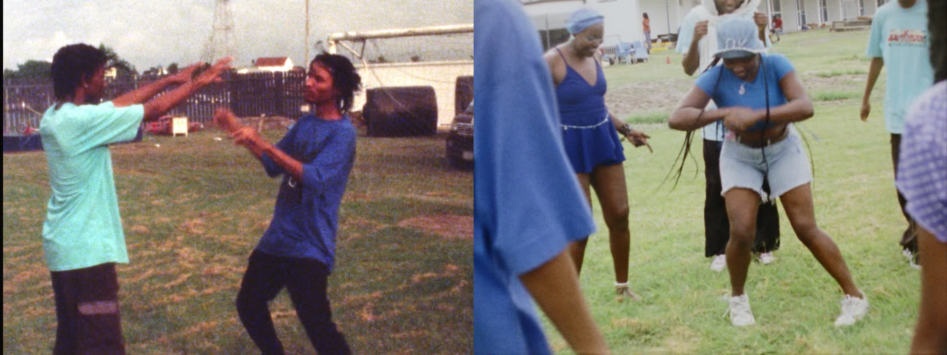 A split image showing people engaging in physical activity outdoors. On the left, two individuals face each other in dynamic poses. On the right, a woman dances in blue shorts and a crop top, surrounded by others.