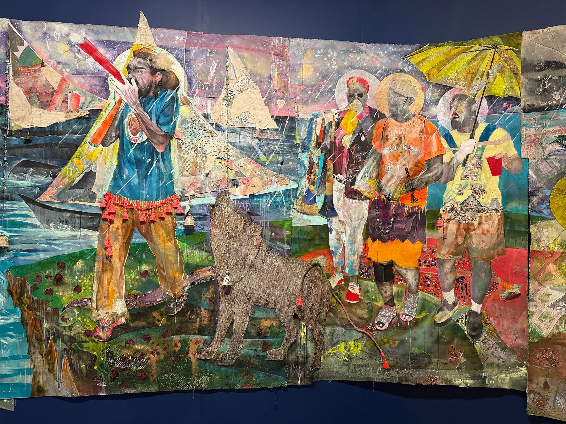 Mixed-media artwork with a person playing a horn, a howling wolf, and three figures, one holding a yellow umbrella, against a textured background.