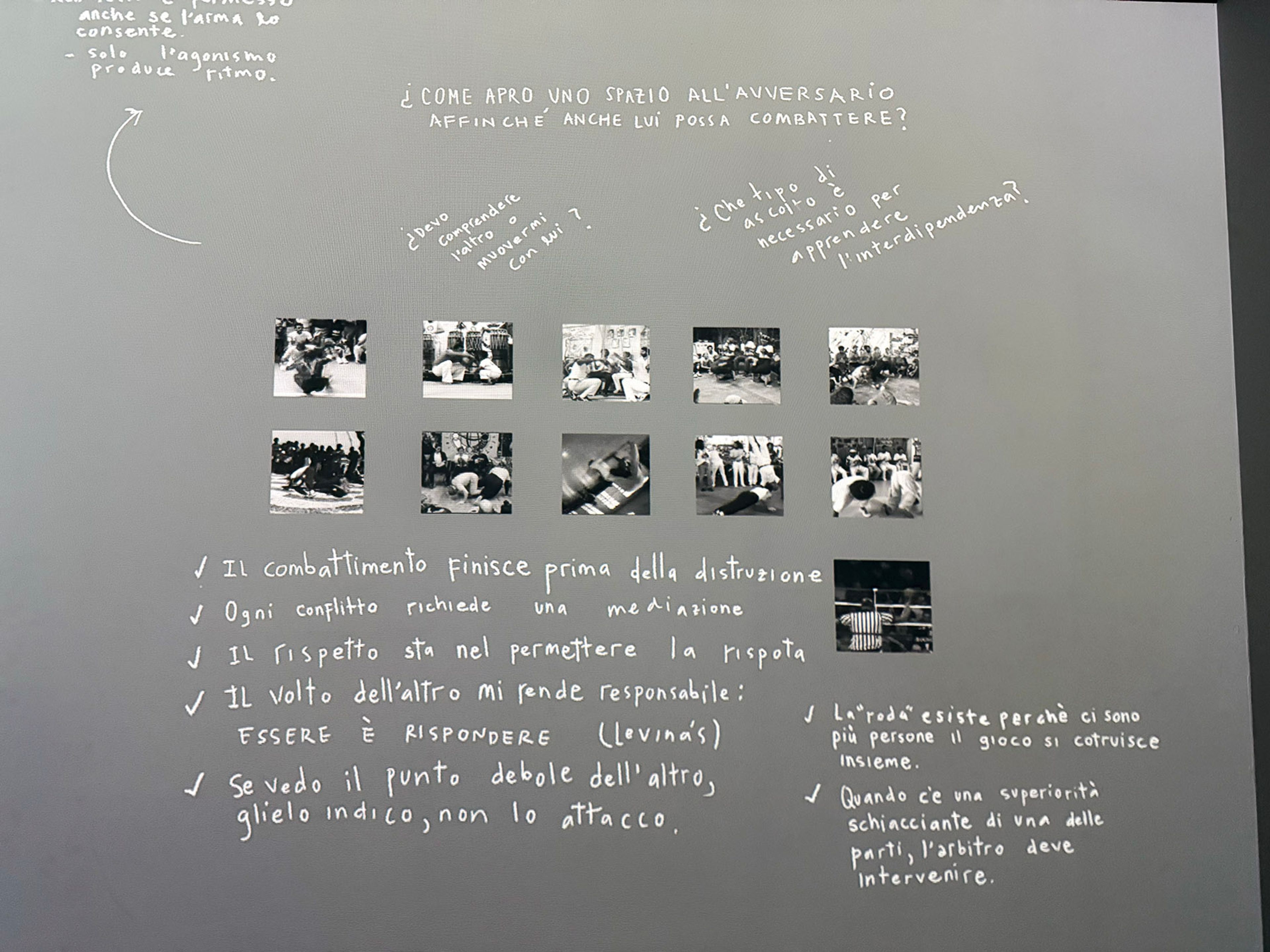 A gray exhibition wall with white Italian text about conflict, respect, and interdependence, alongside 13 black-and-white photos of martial arts, grappling, and a boxing ring.