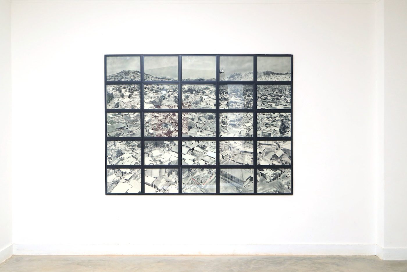 Trevor Aloka, Surveillances, 2023, Charcoal on paper, group of 25, overall dimension 160 x 215 cm at Silent Invasions: The Art of Material Hacking. Photo: Wasswa James