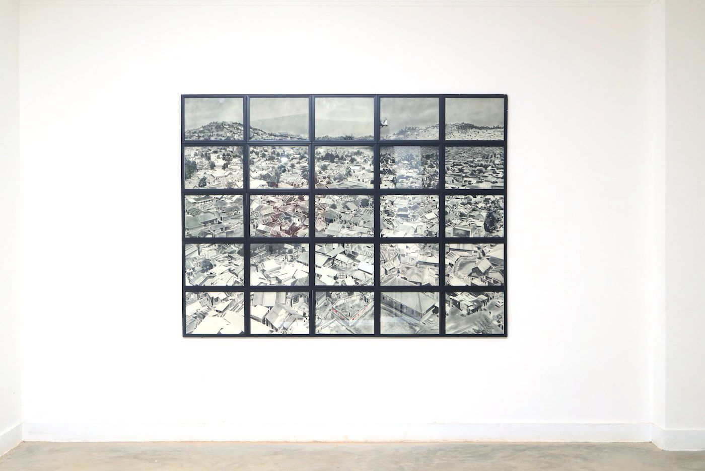 Trevor Aloka, Surveillances, 2023, Charcoal on paper, group of 25, overall dimension 160 x 215 cm at Silent Invasions: The Art of Material Hacking. Photo: Wasswa James