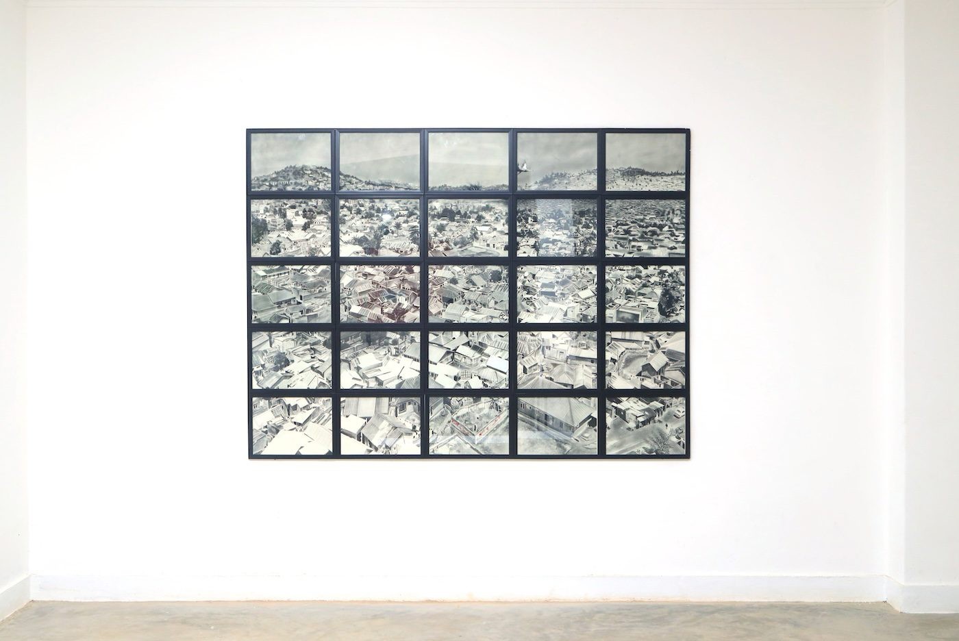 Trevor Aloka, Surveillances, 2023, Charcoal on paper, group of 25, overall dimension 160 x 215 cm at Silent Invasions: The Art of Material Hacking. Photo: Wasswa James