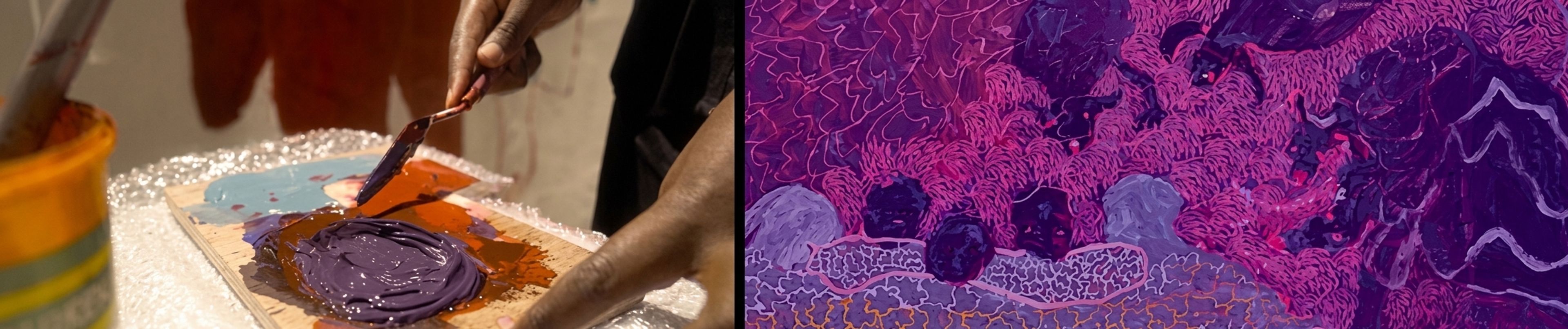 Left: Hands mix purple, orange, and blue paint on a palette. Right: A vibrant, textured abstract artwork in pink and purple.