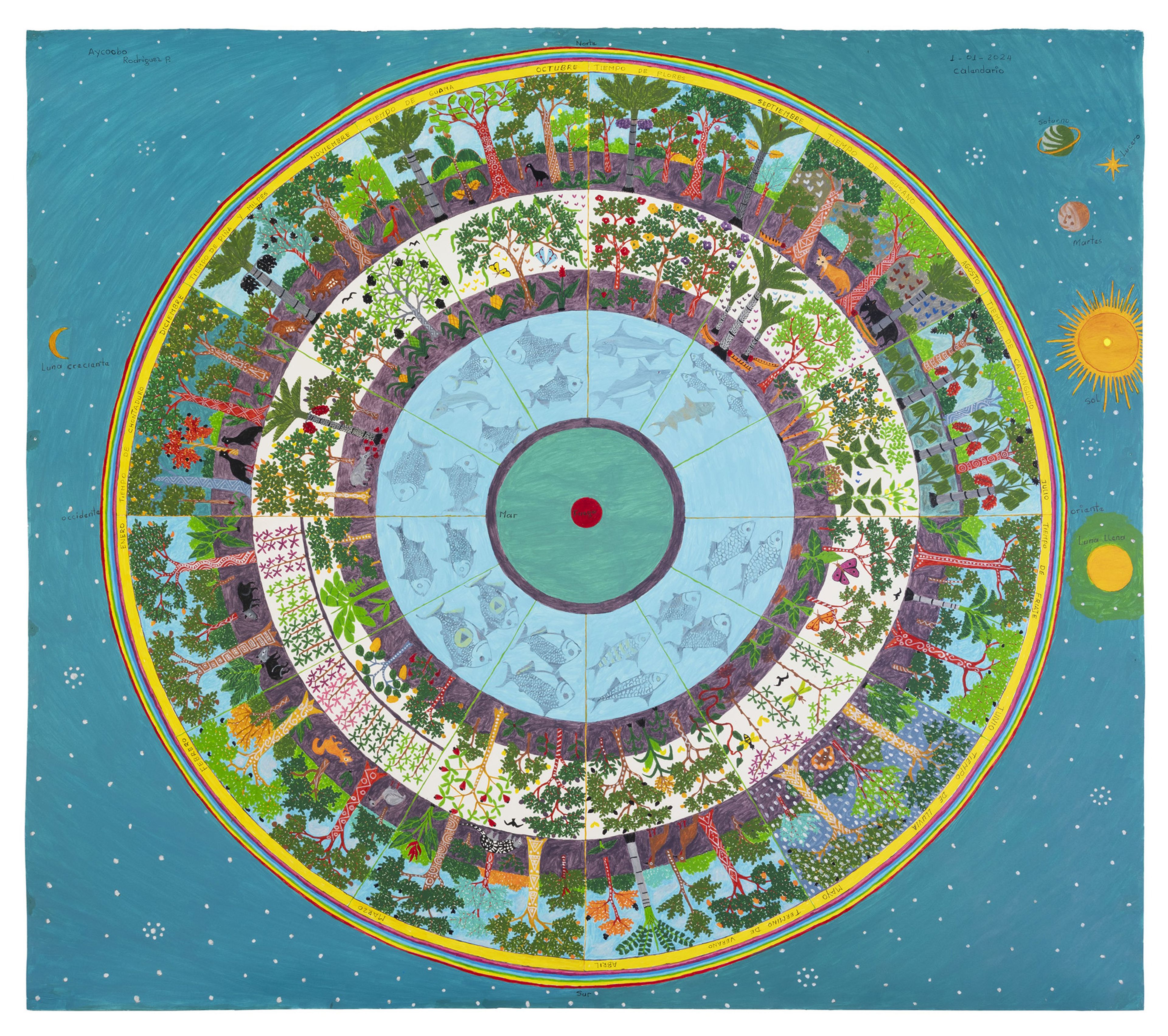 A vibrant, stylized circular painting showing concentric rings of life: fish in blue water, then lush plants and trees with diverse animals, all framed by a rainbow and a starry cosmos.