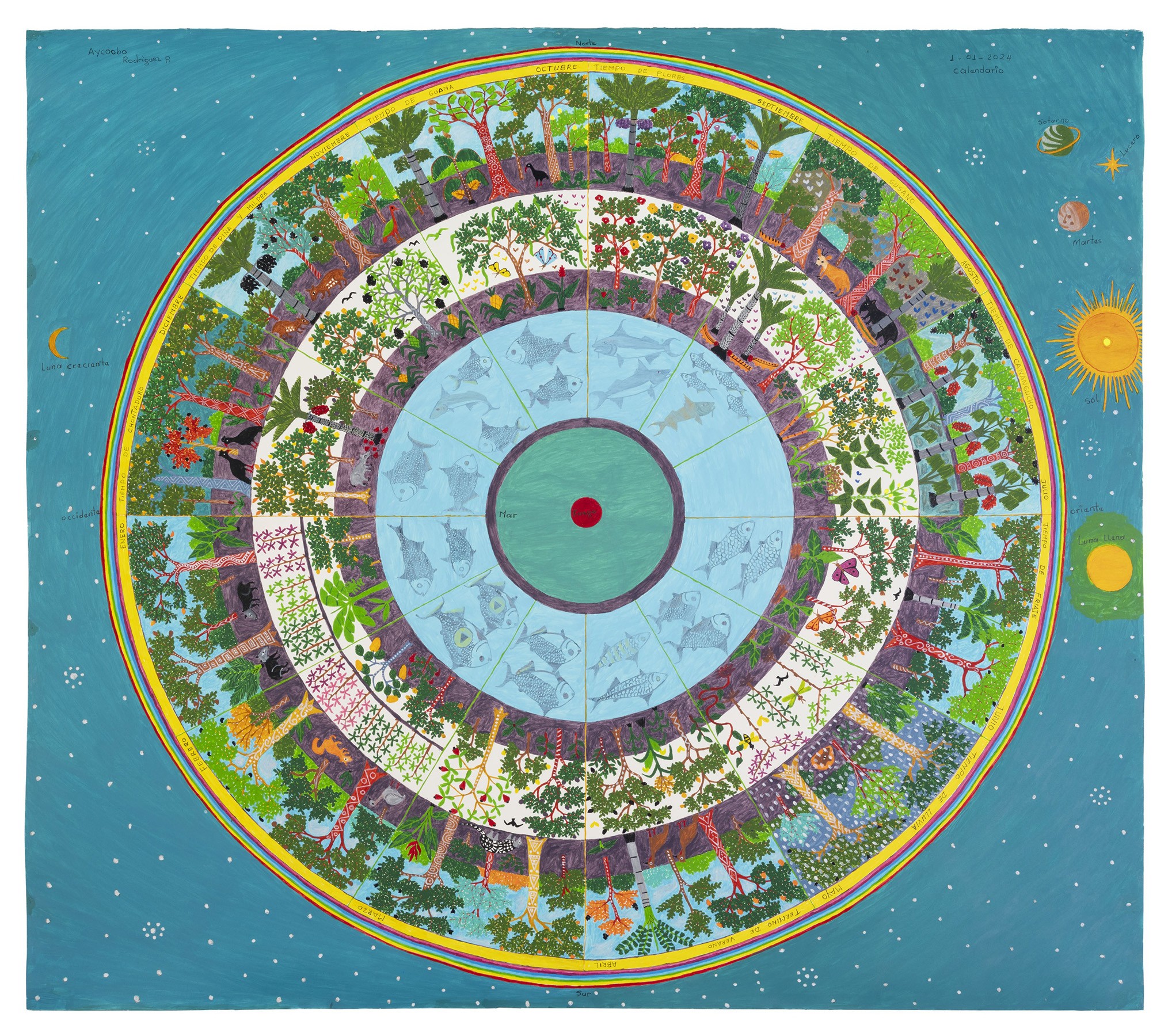 A vibrant, stylized circular painting showing concentric rings of life: fish in blue water, then lush plants and trees with diverse animals, all framed by a rainbow and a starry cosmos.