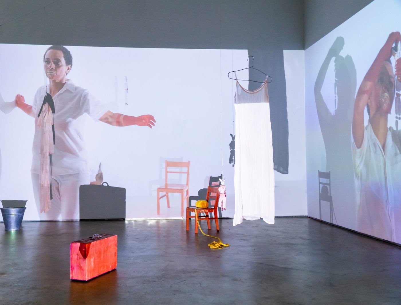 Installation shoot at Nairobi Contemporary Art Institute. Work by Syowia Kyambi, Kaspale’s Play-ground, Multiple channel video installation / performance, 2023. Photo by Kibe Wangunyu