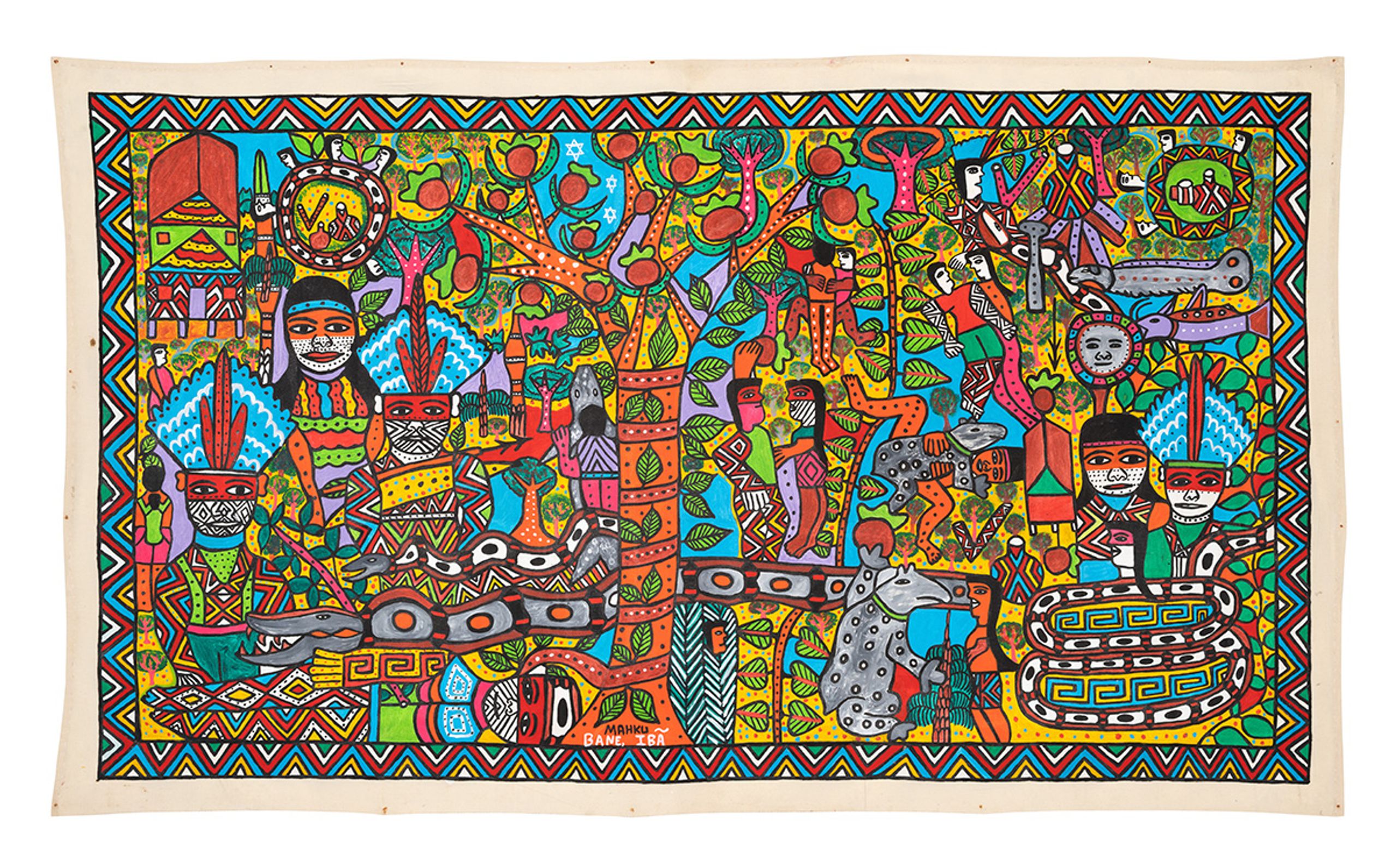 Ibã Huni Kuin, Bane Huni Kuin, Rare Huni Kuin, Ayani Huni Kuin, Ibã Neto Sales Kanixawa, Artist Movement of the Huni Kuin Collective (MAHKU), Yube Inu Yube Shanu, 2020. Acrylic on canvas, 135 x 220 cm. MASP Collection. Photo: Eduardo Ortega